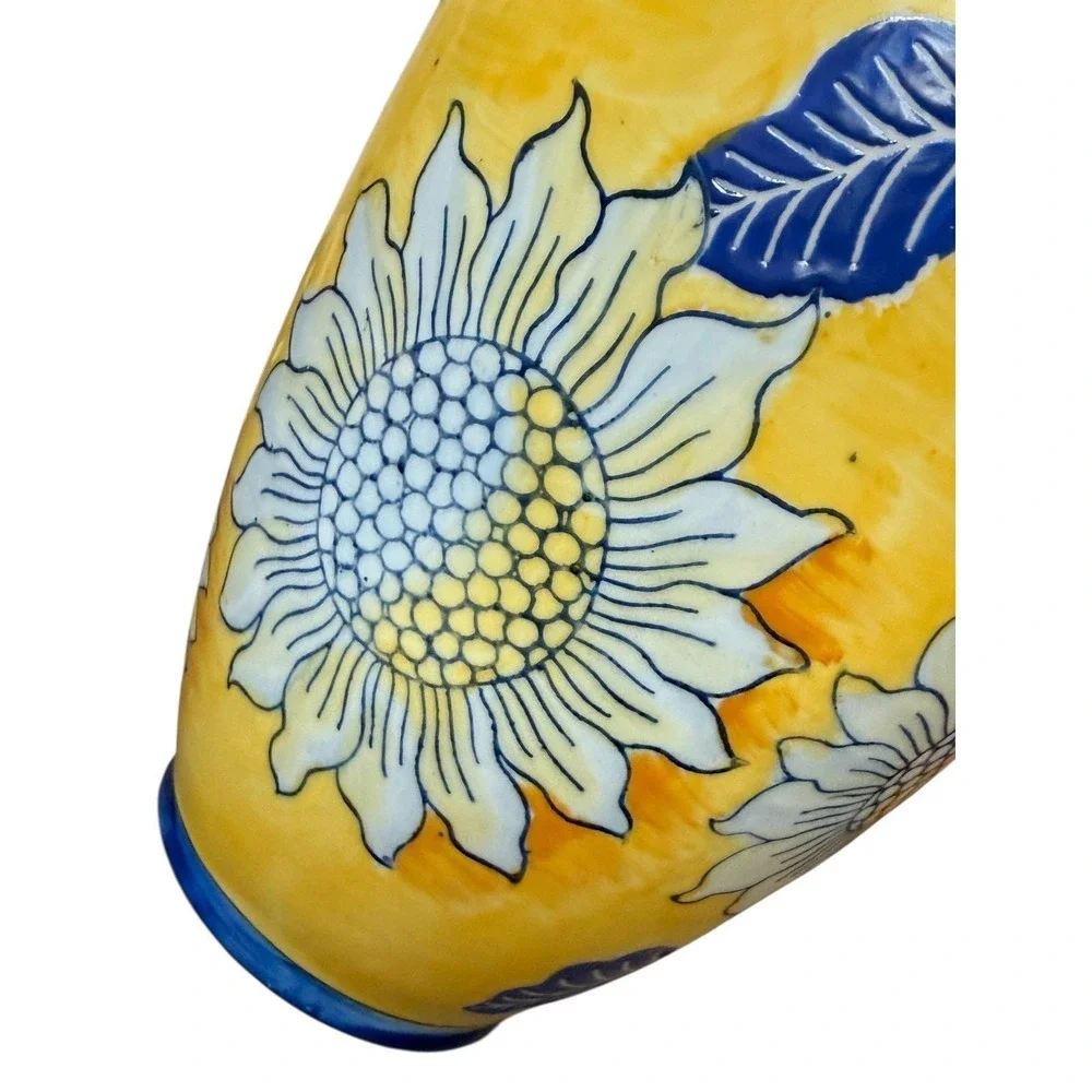Vintage Chinoiserie Vase‎ Yellow Blue Floral Asian Ceramic Grandmillennial Decor